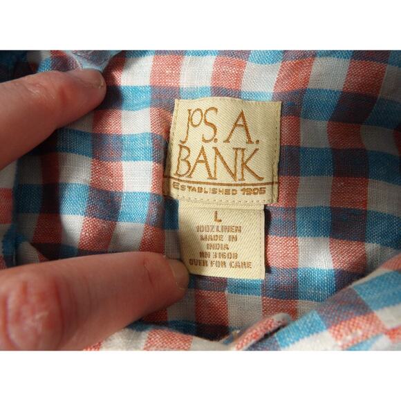 Jos A Bank Linen Shirt Mens Large Check Plaid Blue White Red Short Sleeve Casual - Picture 2 of 9